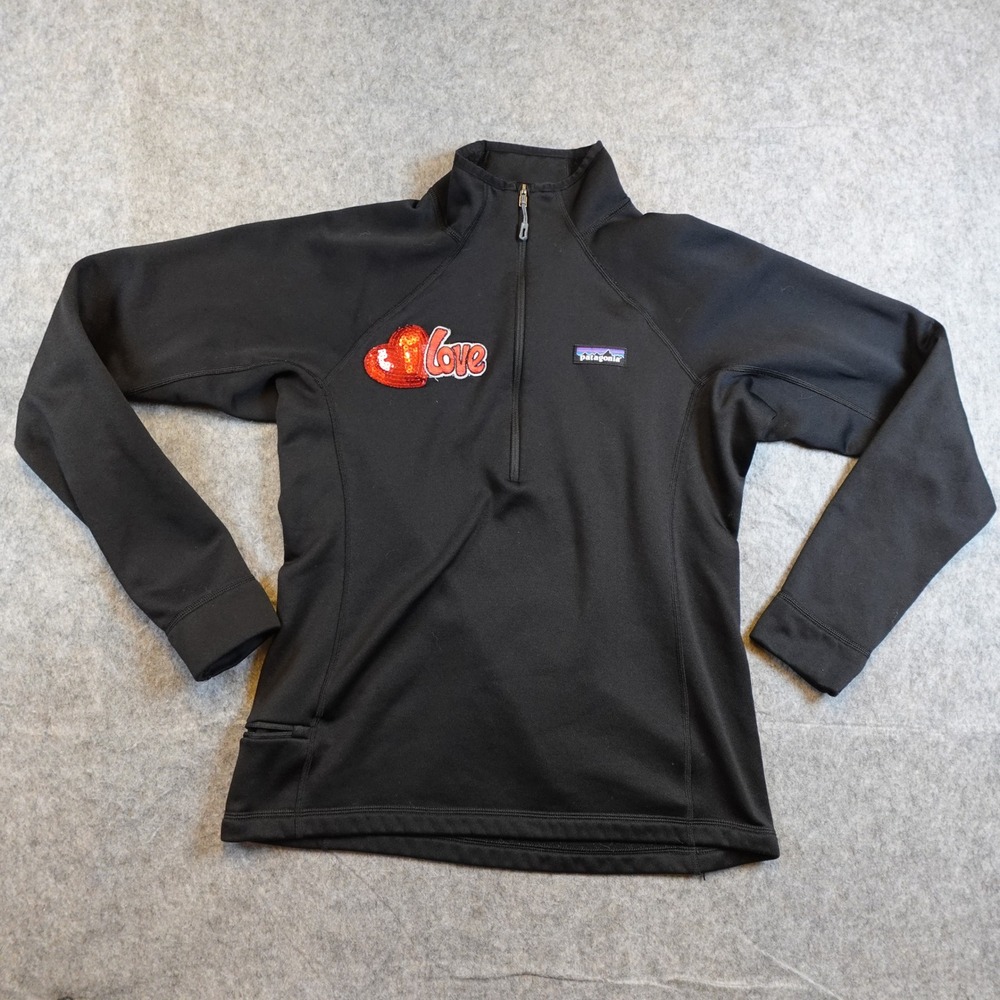 Patagonia Pullover Women Small Black Polartec Crosstrek 1/4 Zip‎ Sequin Heart